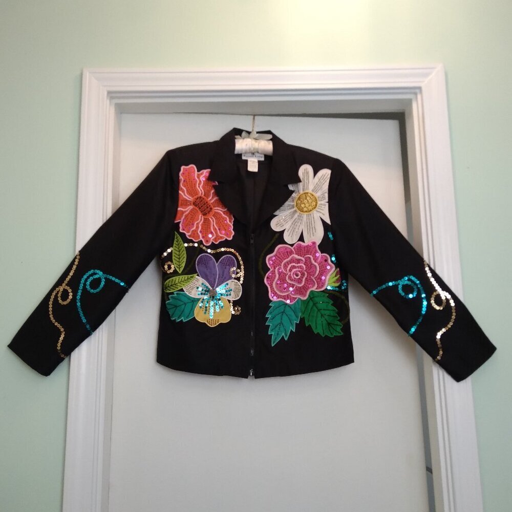 Y2K Vintage Black 100% Silk Jacket w Floral Textured Art  Simply Stunning! Sz10
